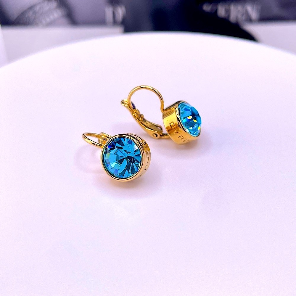 Aquagreen Crystal Gold Earrings, Gold Plated Earring With One Light